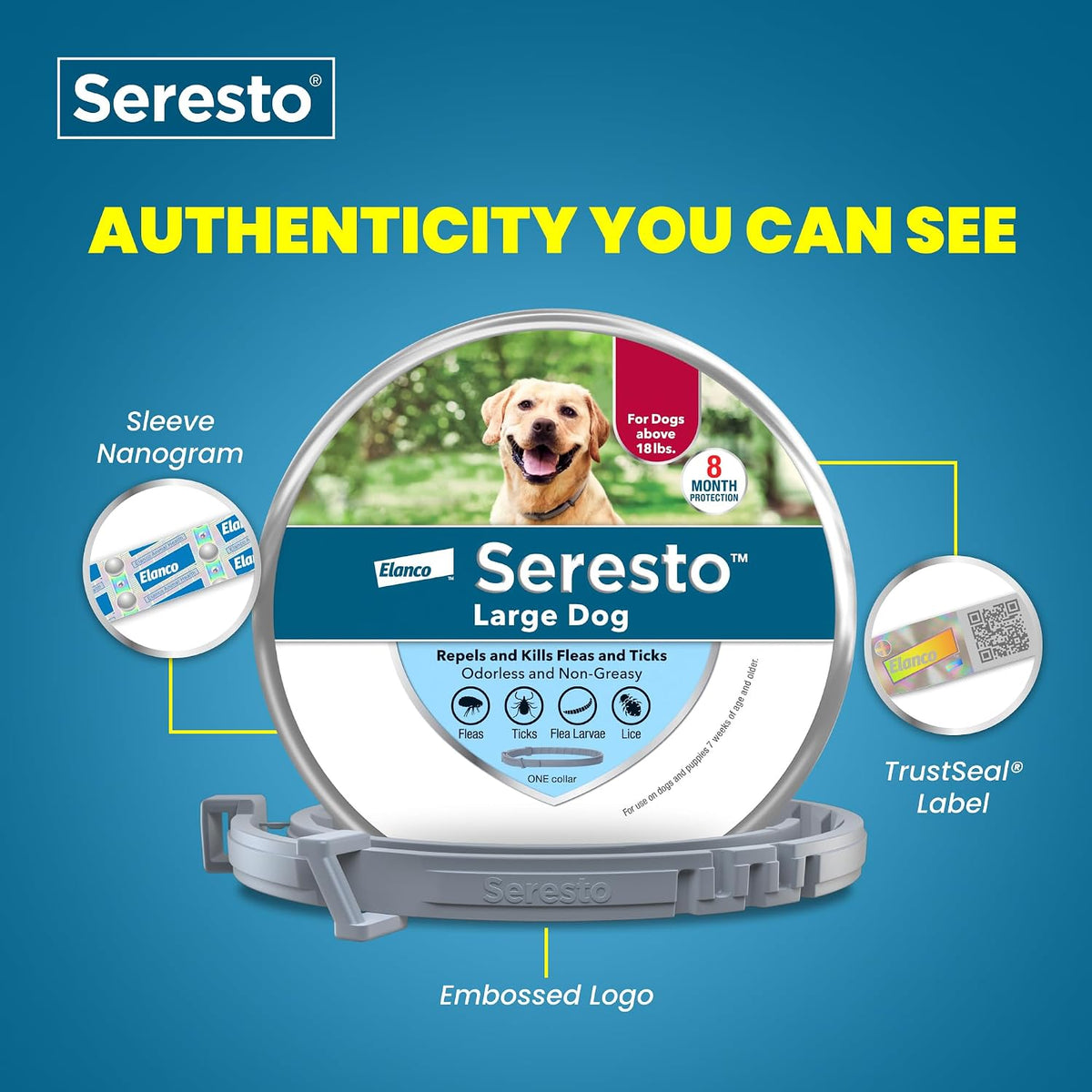 Seresto 8-Month Flea & Tick Collar for Large Dogs Over 18 lbs., 1ct