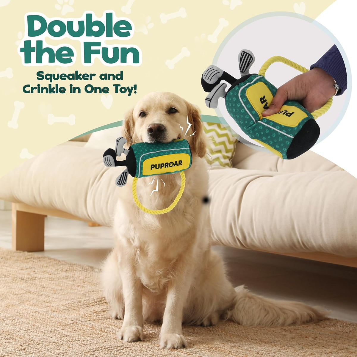 PUPROAR Golf Dog Toy, Dog Birthday Gift, Funny Squeaky Plush Rope Golf Bag Toy for Small, Medium & Large Breeds